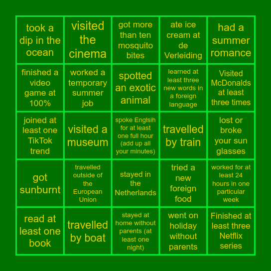 Back To School Summer Bingo Card