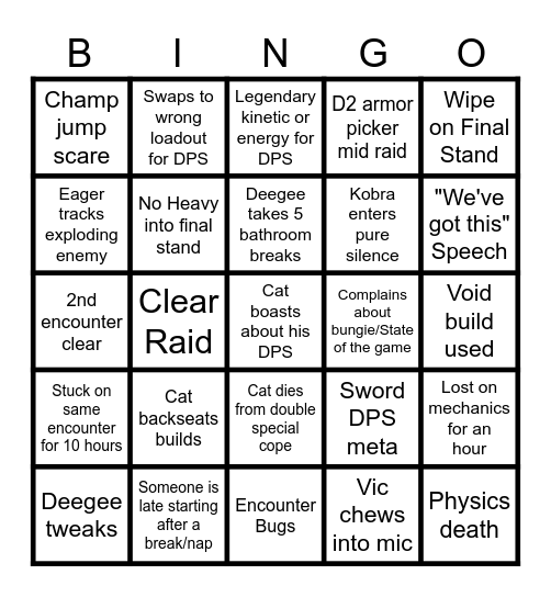 Day 1 Raid Bingo Card