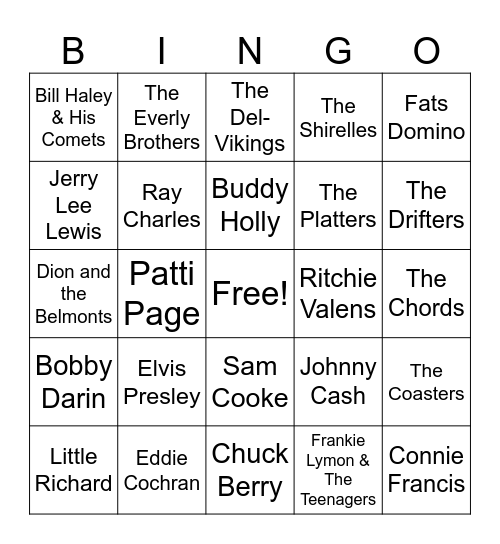 Greates Musicians of the 1950s Bingo Card
