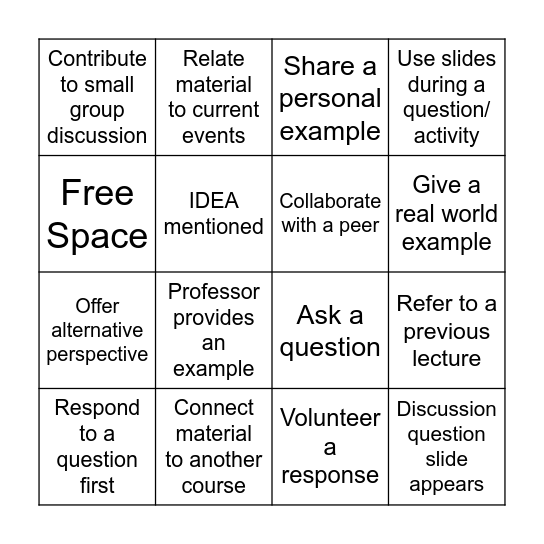 Participation Bingo Card