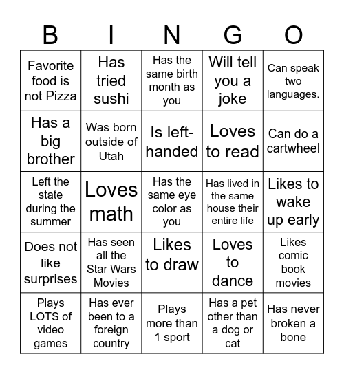 GET TO KNOW YOU BINGO Card