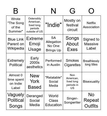 New To Me Artist Bingo Card