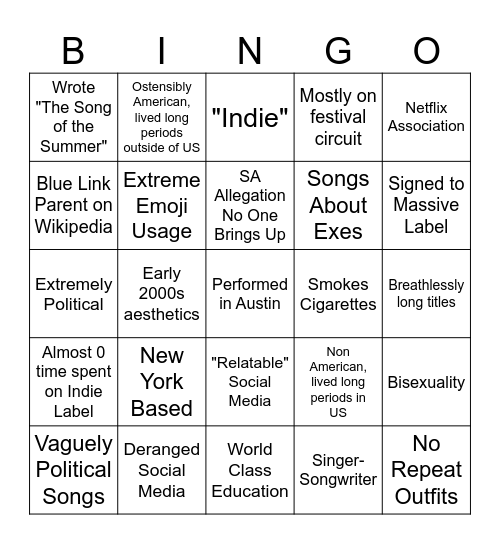 New To Me Artist Bingo Card