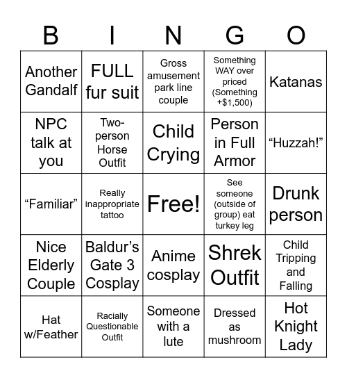 Renaissance Fair Bingo Card