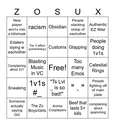 Zo Bingo Card