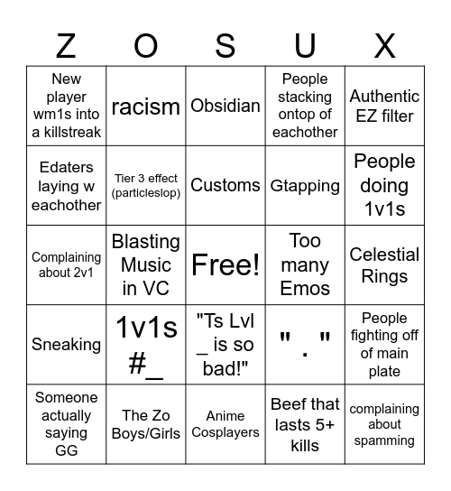 Zo Bingo Card