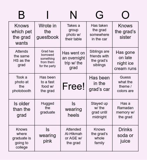 Hooriya's Graduation Bingo Card
