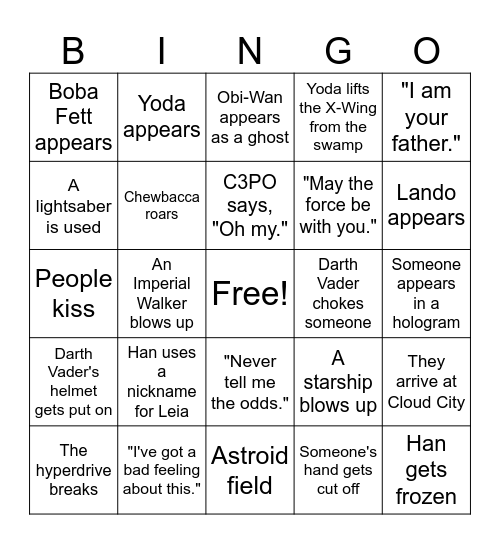 Star Wars Bingo Card