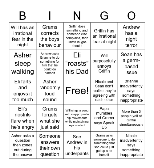 Family Treasure Bingo Card