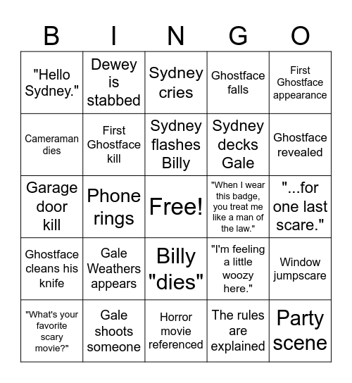 Scream Bingo Card