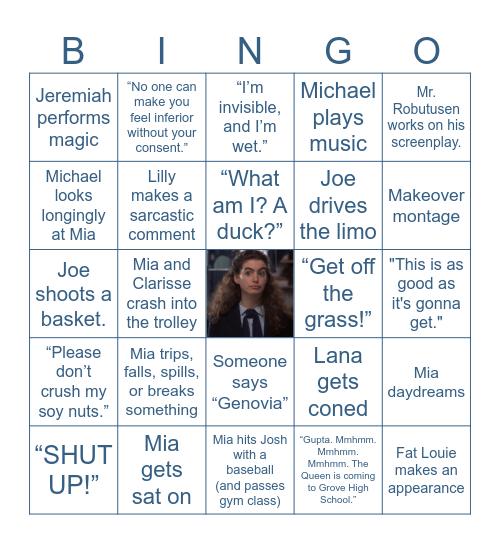PRINCESS DIARIES MOVIE Bingo Card