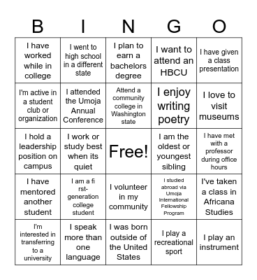 UMOJA BINGO Card