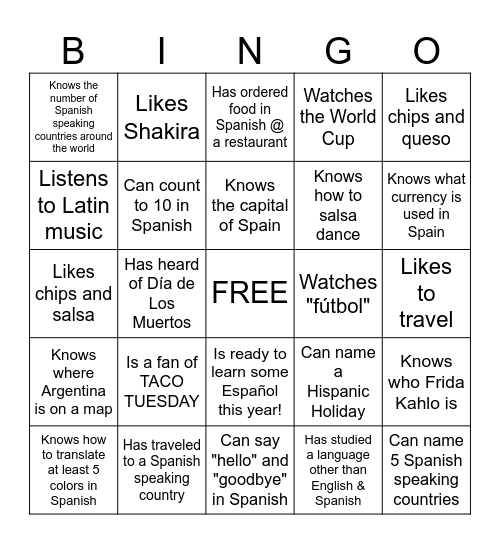 ¡Welcome to Español! Bingo Card