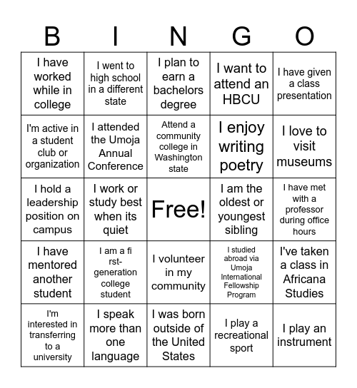 UMOJA BINGO Card