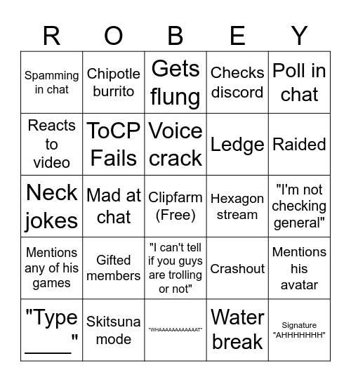 Robey100 Bingo Card