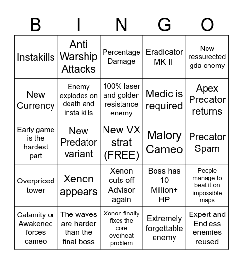 TDX Nightmare Mode Bingo Card