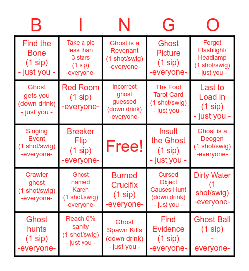 Phasmophobia Drinking Game Bingo Card