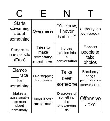 Morgan May's Wedding Bingo Card