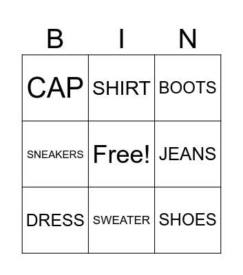 CLOTHES Bingo Card