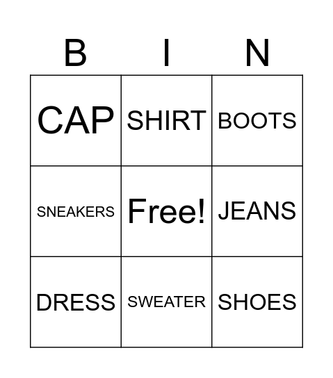 CLOTHES Bingo Card