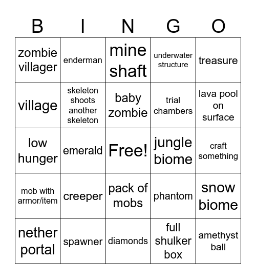 Minecraft bingo Card