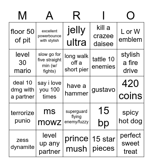 ttyd (NO DANGER MARIO) Bingo Card