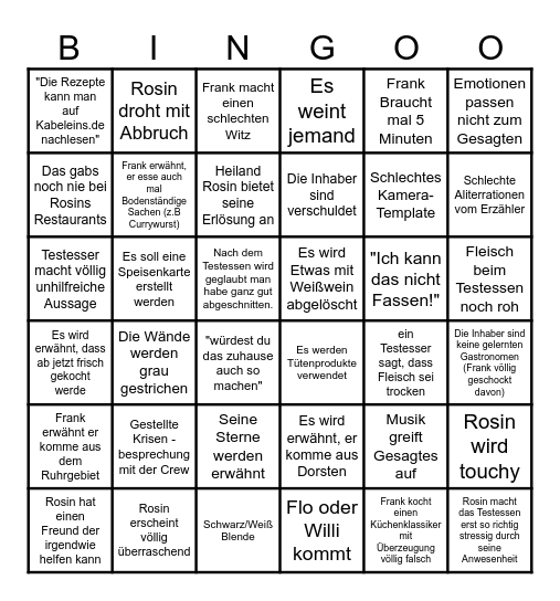 Rosins Restaurant Bingo Card