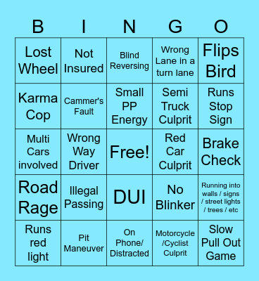 DS Bad Driver Bingo Card