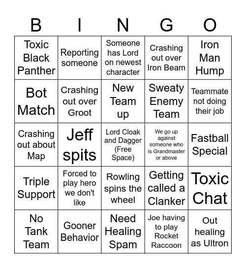 Boys Night Rivals Bingo Card
