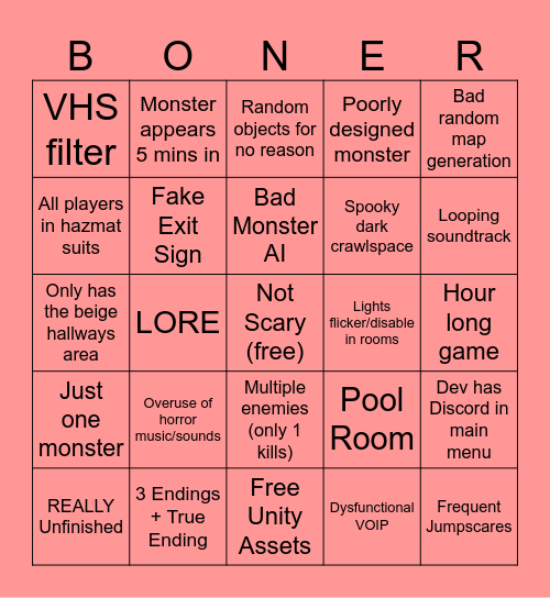 Backrooms Game Bingo Card