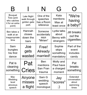 Sam Gleason Wedding Bingo Card