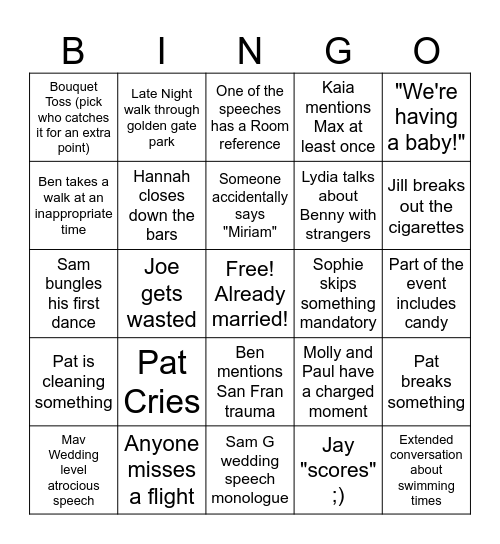Sam Gleason Wedding Bingo Card