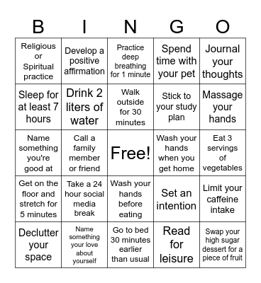 Nursing Student Wellness Bingo Card