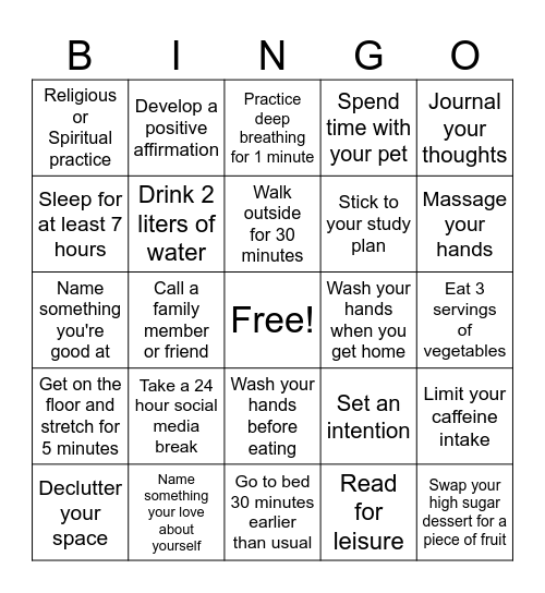 Nursing Student Wellness Bingo Card