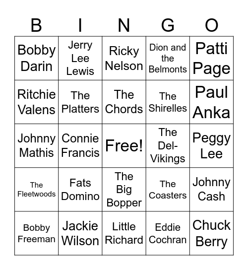 Top Musical Artists from the 1950s Bingo Card