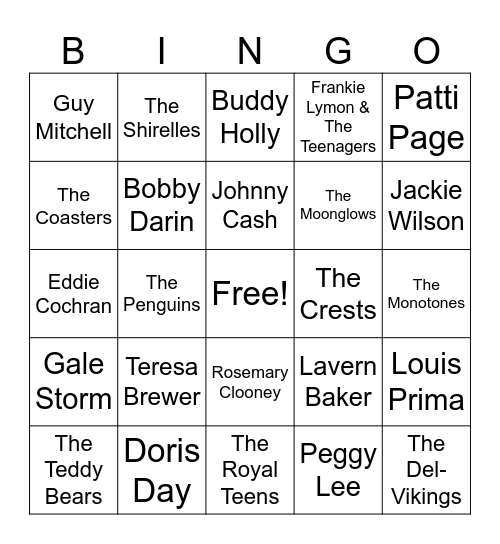 Top 75 Musical Artists from the 1950s Bingo Card
