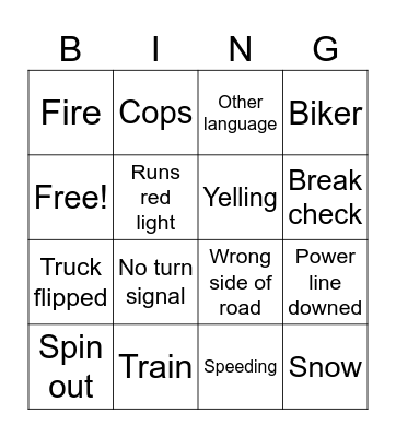 Car crashes Bingo Card