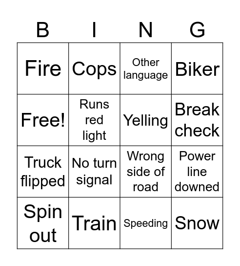 Car crashes Bingo Card