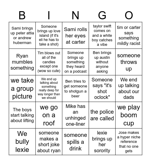 Tim's Birthday Bingo Card