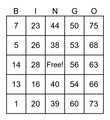 Number Bingo 1-75 Bingo Card