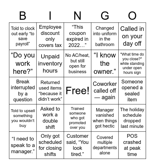 Retail Bingo Card