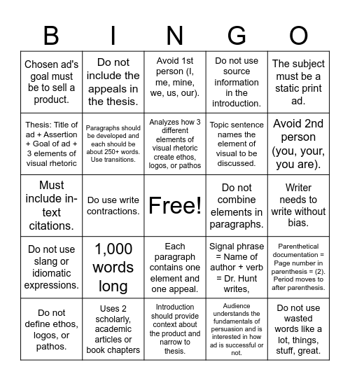 Ad Analysis Requirements BINGO Card