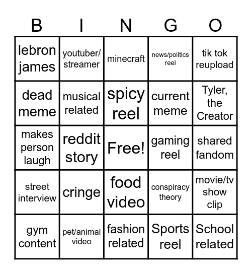 Instagram reel bingo Card