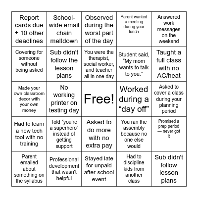 Teacher Bingo Card