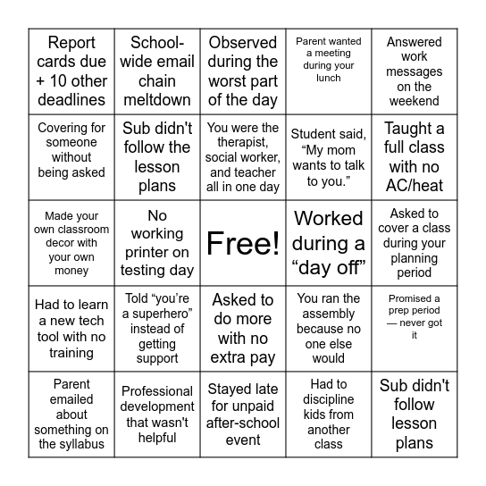 Teacher Bingo Card