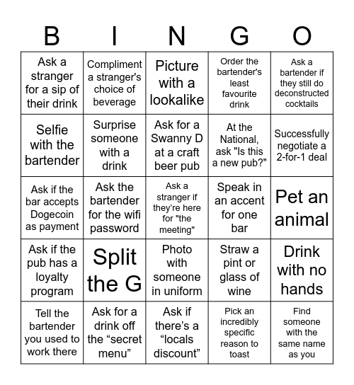 Winner gets a cocktail at Benny's Bingo Card