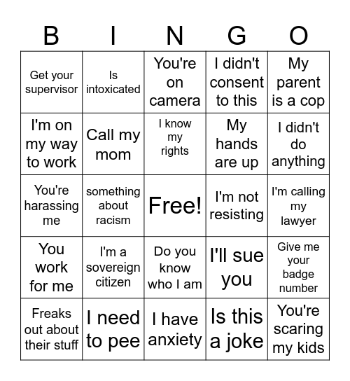 Cop Bingo Card Bingo Card