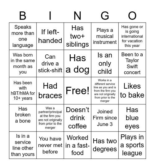 Mix and Match Bingo Card