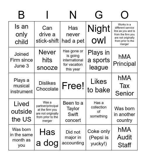 Mix and Mingle Bingo Card