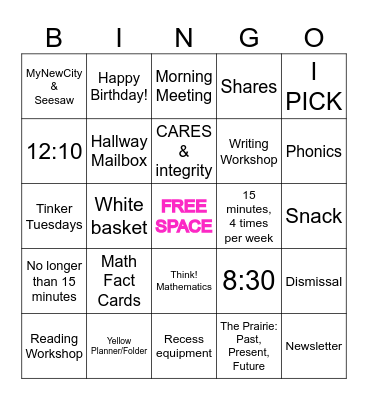 Welcome to Second Grade! Bingo Card
